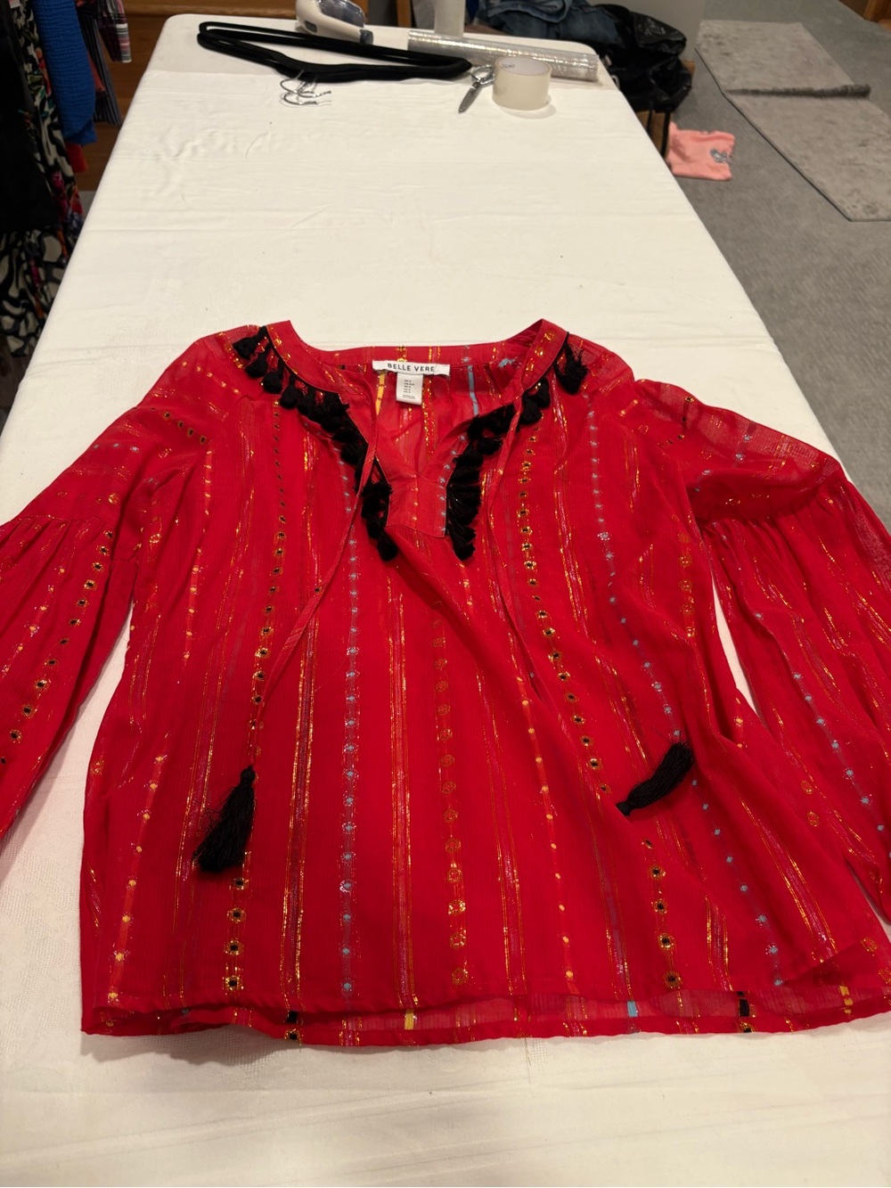 Belle Vie Red Metallic-Stripe V-Neck Tassel Blouse